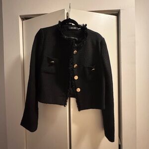 DO+BE Black Cropped Fringe Tweed Blazer with Gold-Tone Buttons